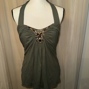 White House Black Market Green Embellished Ruched Halter Tank Top